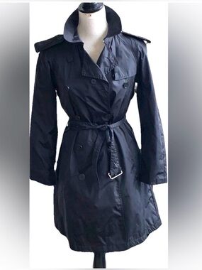 Burberry London Mid-Length French Pleated Trench Coat Black & Nova Check US 4
